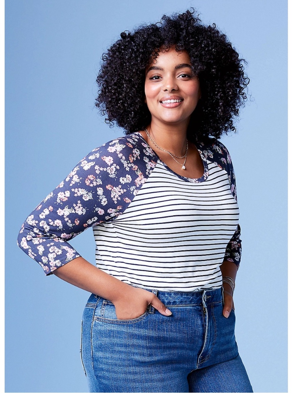 Maurices Plus Size 24/7 Floral & Black/White Striped Baseball Tee Shirt